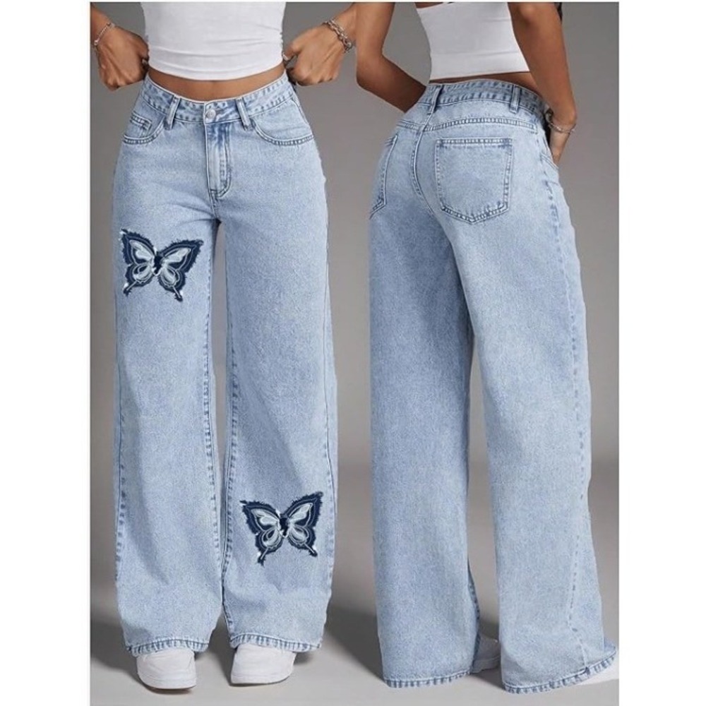 Catos Denim Wide Leg Jeans- Medium Light Wash Blue Butterfly Embroidery